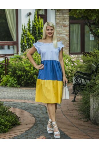 Riana világoskék- kék-sárgaszínű pamut-vászon fodros ruha