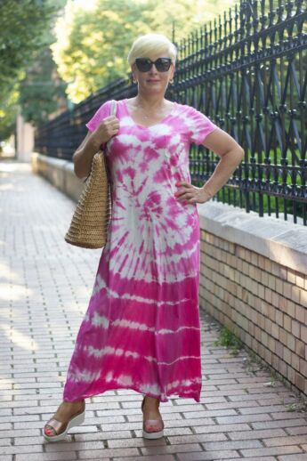 Lilla pink batikolt pamut maxi ruha