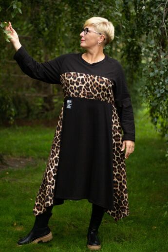 Carly fekete pamut tunika-ruha leopárd mintás betéttel 