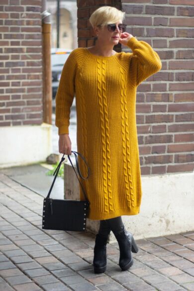 Mustár színű kötött hosszított pulóver