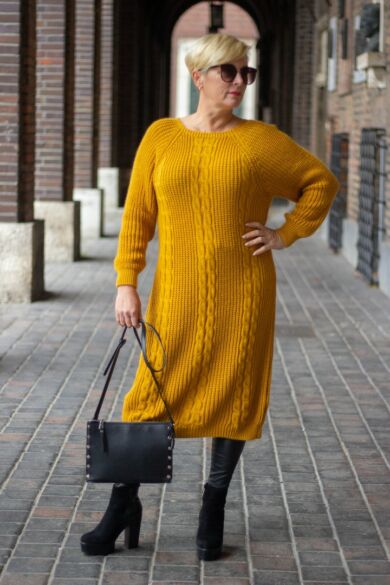 Mustár színű kötött hosszított pulóver