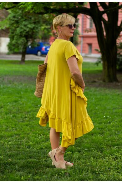 Adele sárga színű A vonalú pamut ruha fodorral 