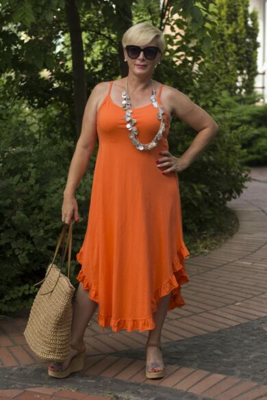 Narancs színű pántos pamut A vonalú ruha