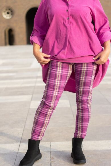 Bordó-pink kockás, gumis derekú rugalmas vastagabb pamut-vászon  nadrág