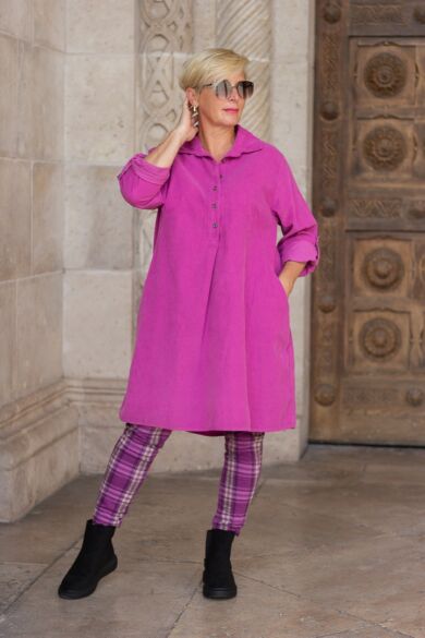 Bordó-pink kockás, gumis derekú rugalmas vastagabb pamut-vászon  nadrág