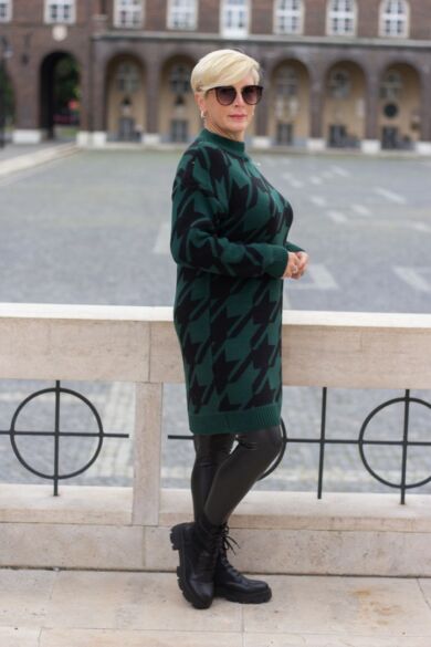 Bisou fekete-zöld mintás kötött pulóver
