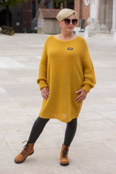 Désy mustár színű laza stílusú kötött pulóver