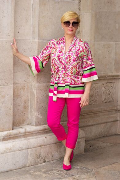 Pink színű, gumis derekú rugalmas pamut-vászon nadrág