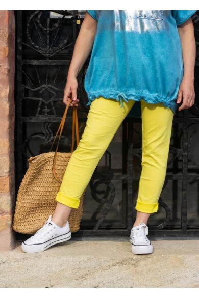 Sárga színű gumírozott derekú rugalmas pamut-vászon nadrág