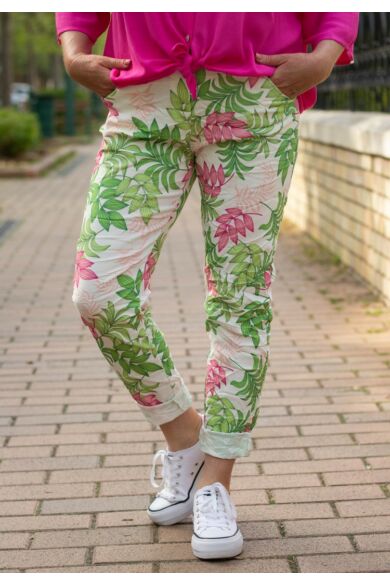 Pink-zöld mintás gumírozott derekú rugalmas pamut-vászon nadrág
