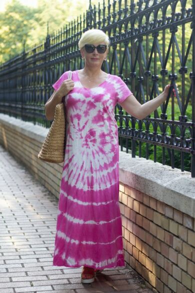 Lilla pink batikolt pamut maxi ruha