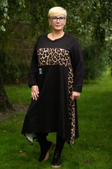 Carly fekete pamut tunika-ruha leopárd mintás betéttel 