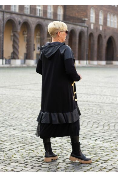Dorina fekete pamut tunika-ruha bőr betéttel